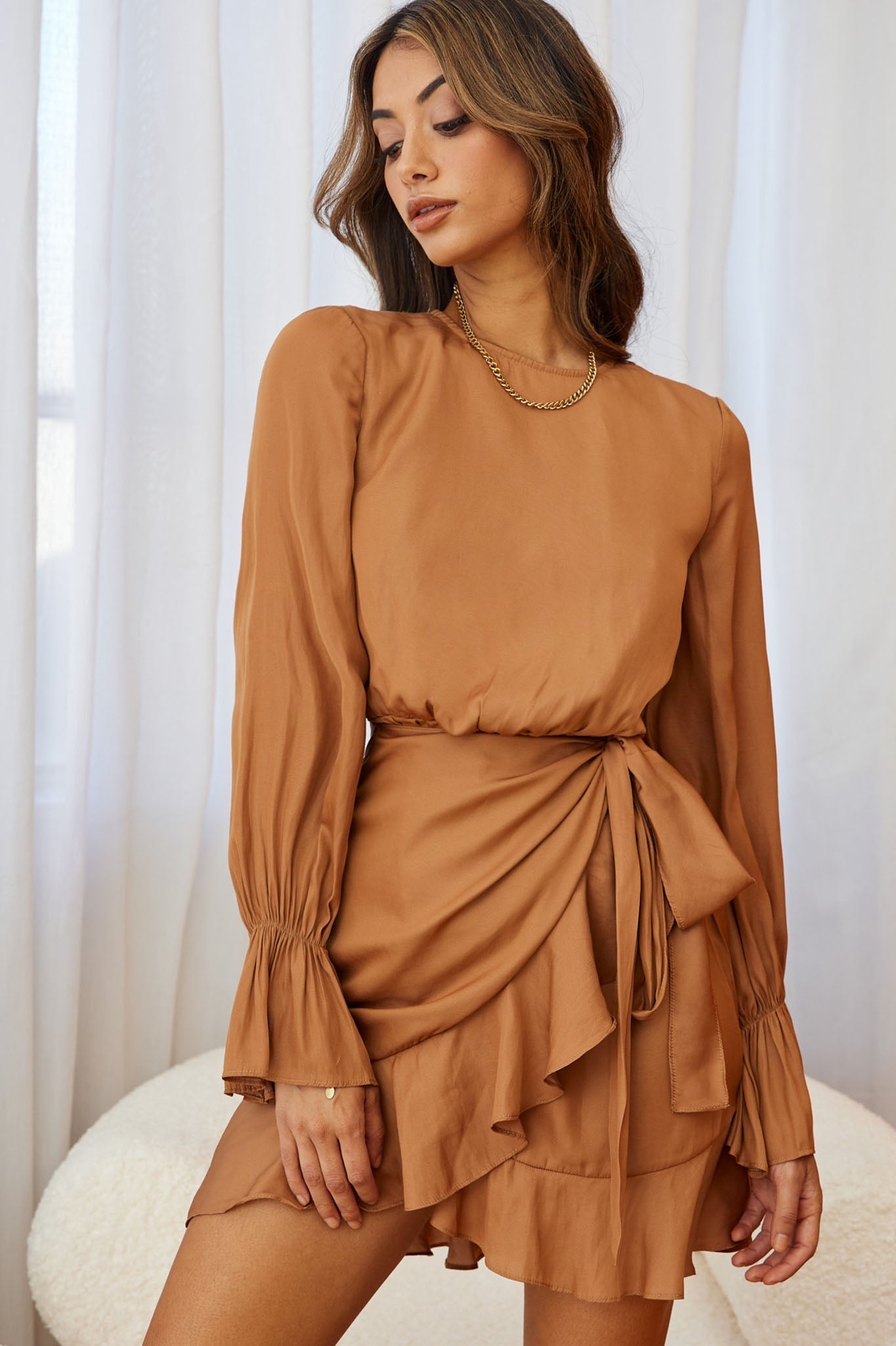 Darla Long Sleeve Satin Dress Tan