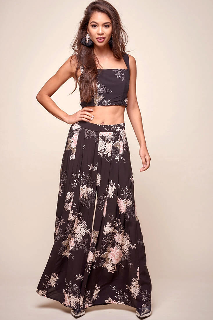 Cicely Floral Wide Leg Pants Black