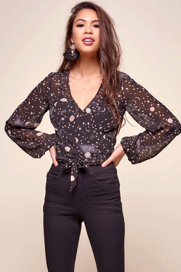 Celeste Galaxy Star Print Wrap Top Black