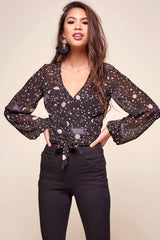 Celeste Galaxy Star Print Wrap Top Black
