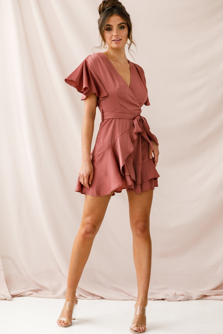 Cami Angel Sleeve Faux Wrap Dress Rose