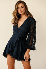 Cami Balloon Sleeve Faux Wrap Dress Lace Navy