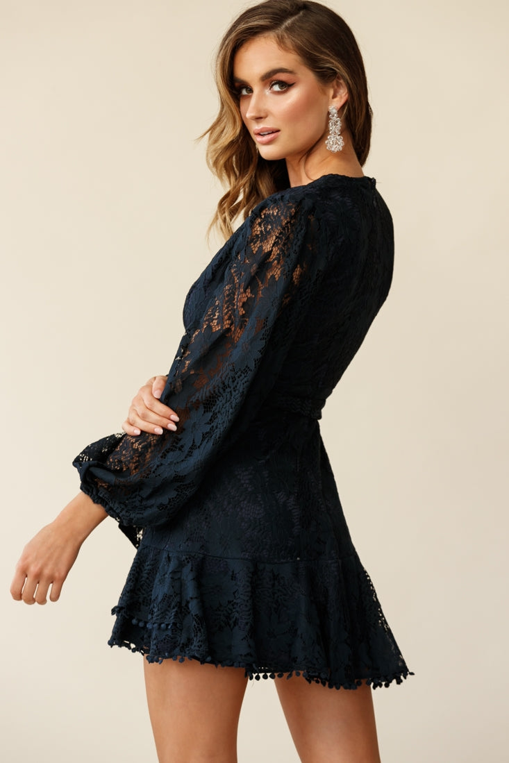 Cami Balloon Sleeve Faux Wrap Dress Lace Navy