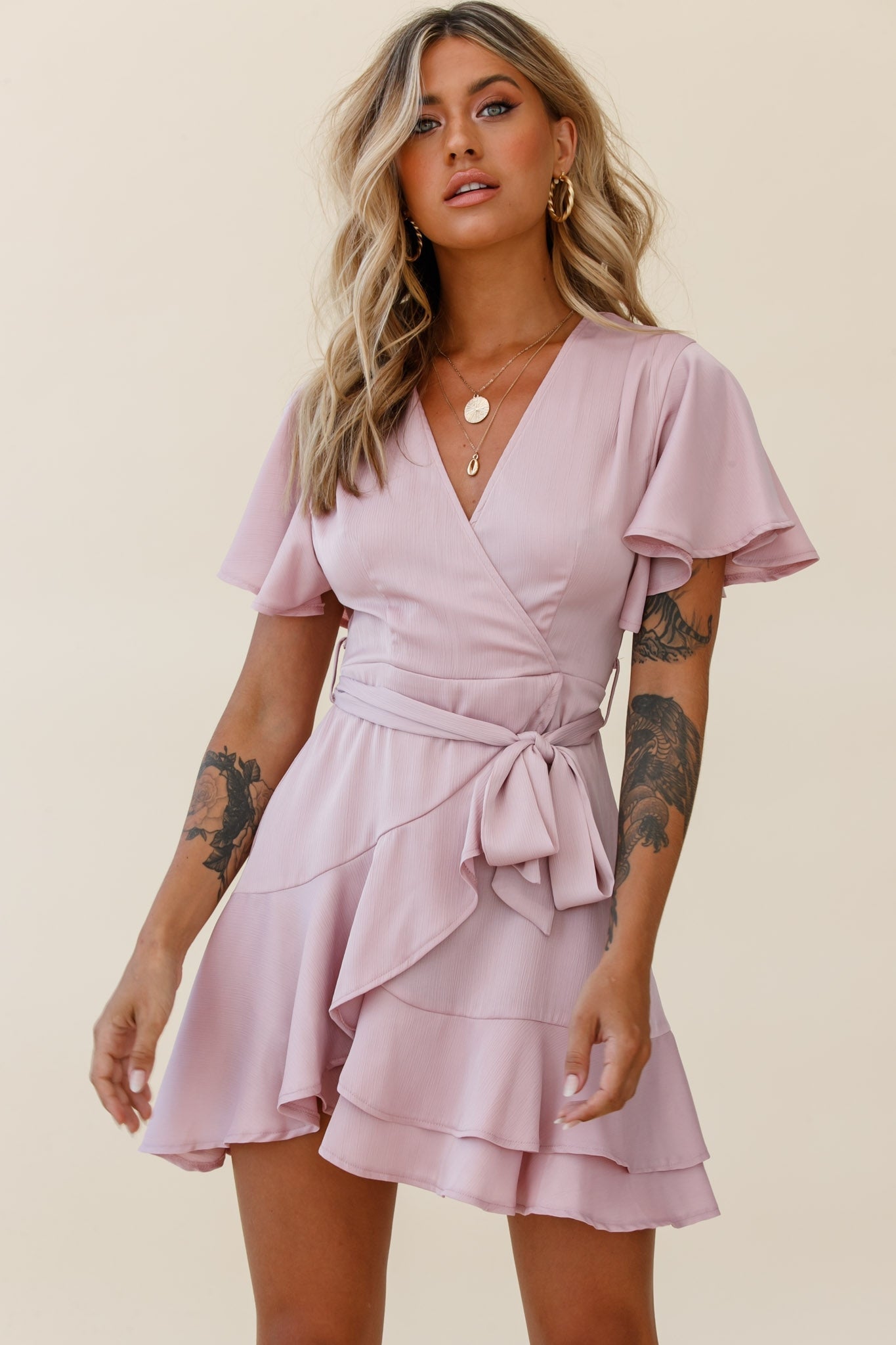Cami Angel Sleeve Faux Wrap Dress Blush