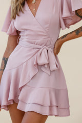 Cami Angel Sleeve Faux Wrap Dress Blush