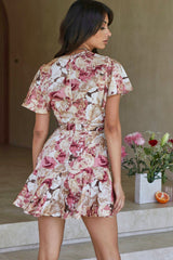 Cami Angel Sleeve Faux Wrap Dress Abstract Floral Print Rose