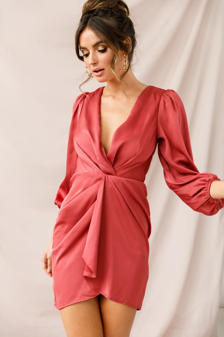 DeLisa Balloon Sleeve Mini Dress Rose