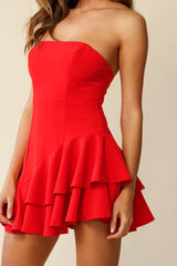 Candy Strapless Layered Ruffle Hem Romper Red