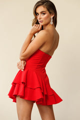 Candy Strapless Layered Ruffle Hem Romper Red