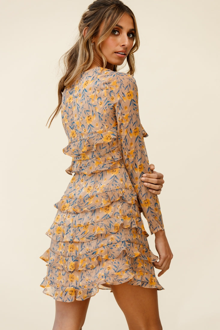 Charmaine Long Sleeve Tiered Frill Dress Floral Print Mocha