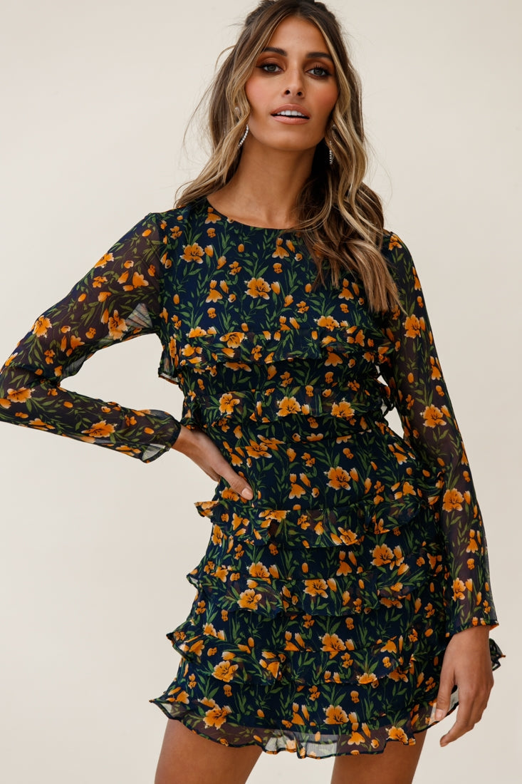 Charmaine Long Sleeve Tiered Frill Dress Floral Print Navy