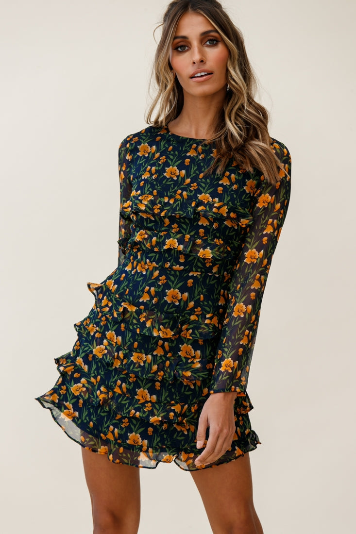 Charmaine Long Sleeve Tiered Frill Dress Floral Print Navy