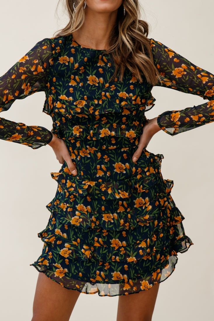 Charmaine Long Sleeve Tiered Frill Dress Floral Print Navy