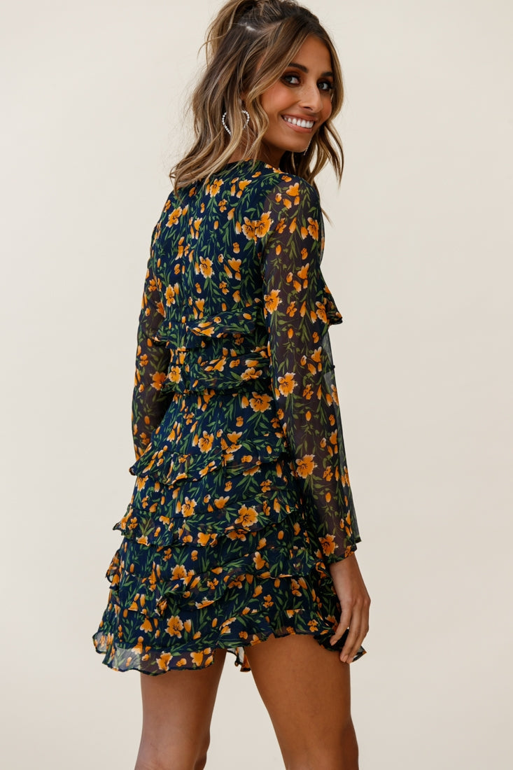 Charmaine Long Sleeve Tiered Frill Dress Floral Print Navy
