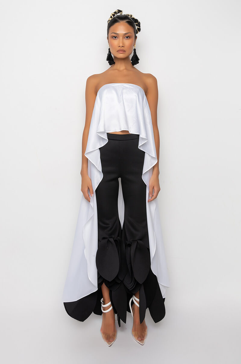 MONIQUE STRAPLESS HIGH LOW SATIN BLOUSE