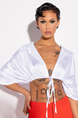 STAY GOLD SATIN TIE FRONT CROP BLOUSE