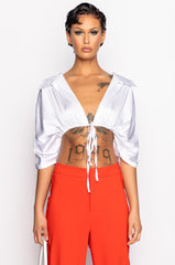 STAY GOLD SATIN TIE FRONT CROP BLOUSE