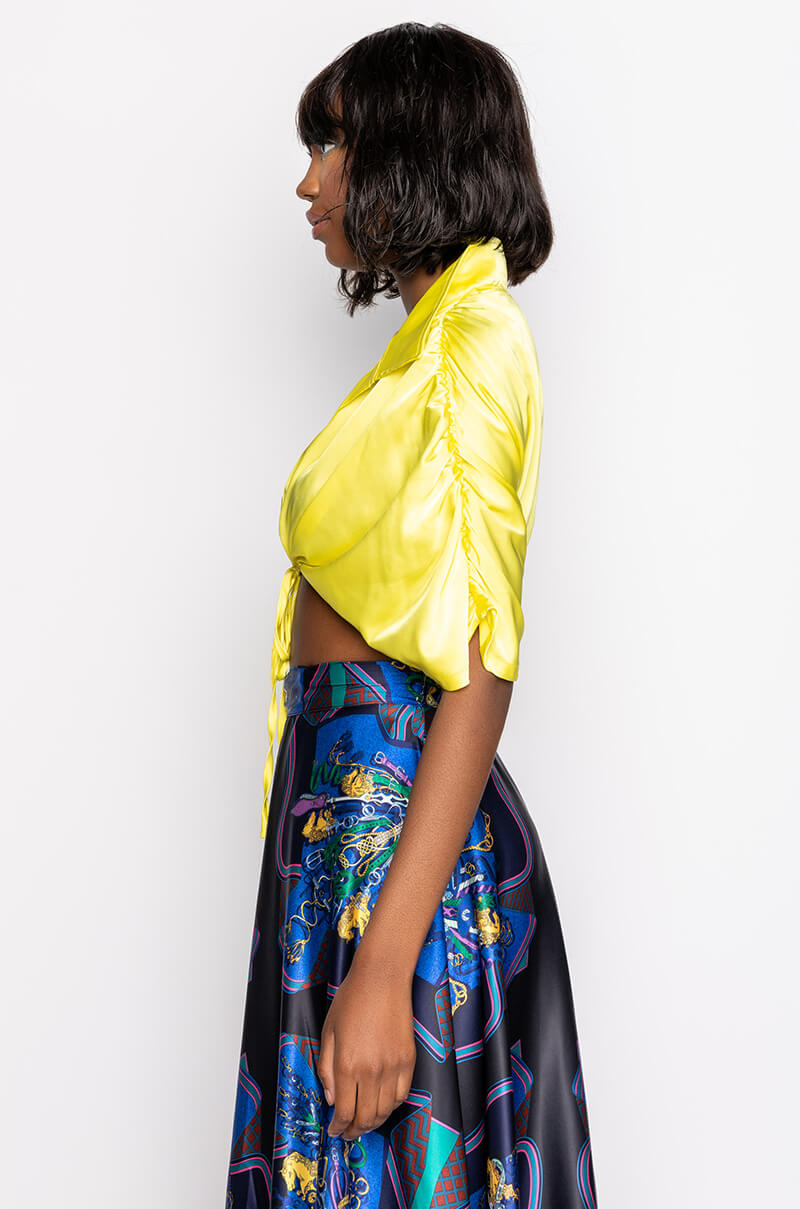STAY GOLD SATIN TIE FRONT CROP BLOUSE