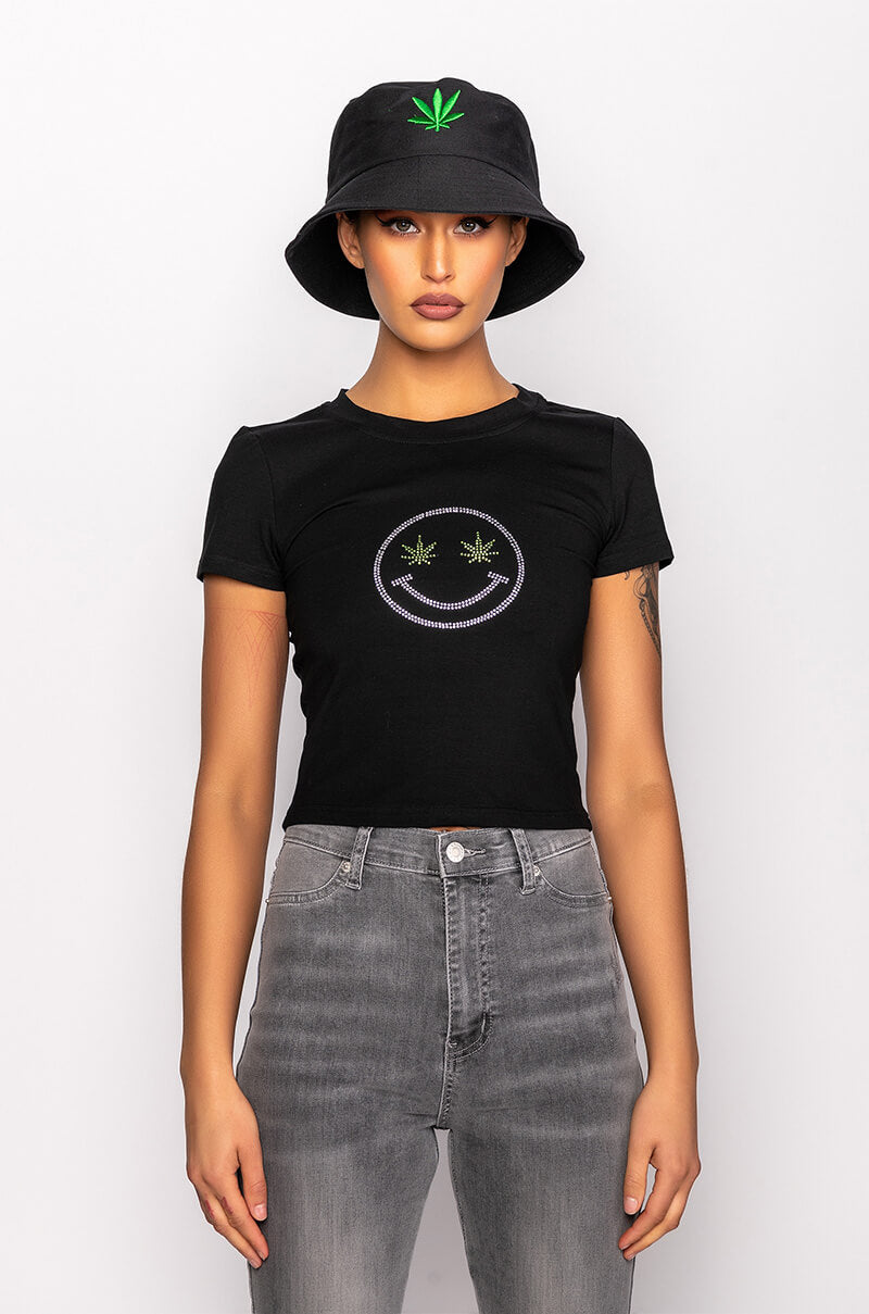 STAY WEIRD RHINESTONE CROPPED T SHIRT