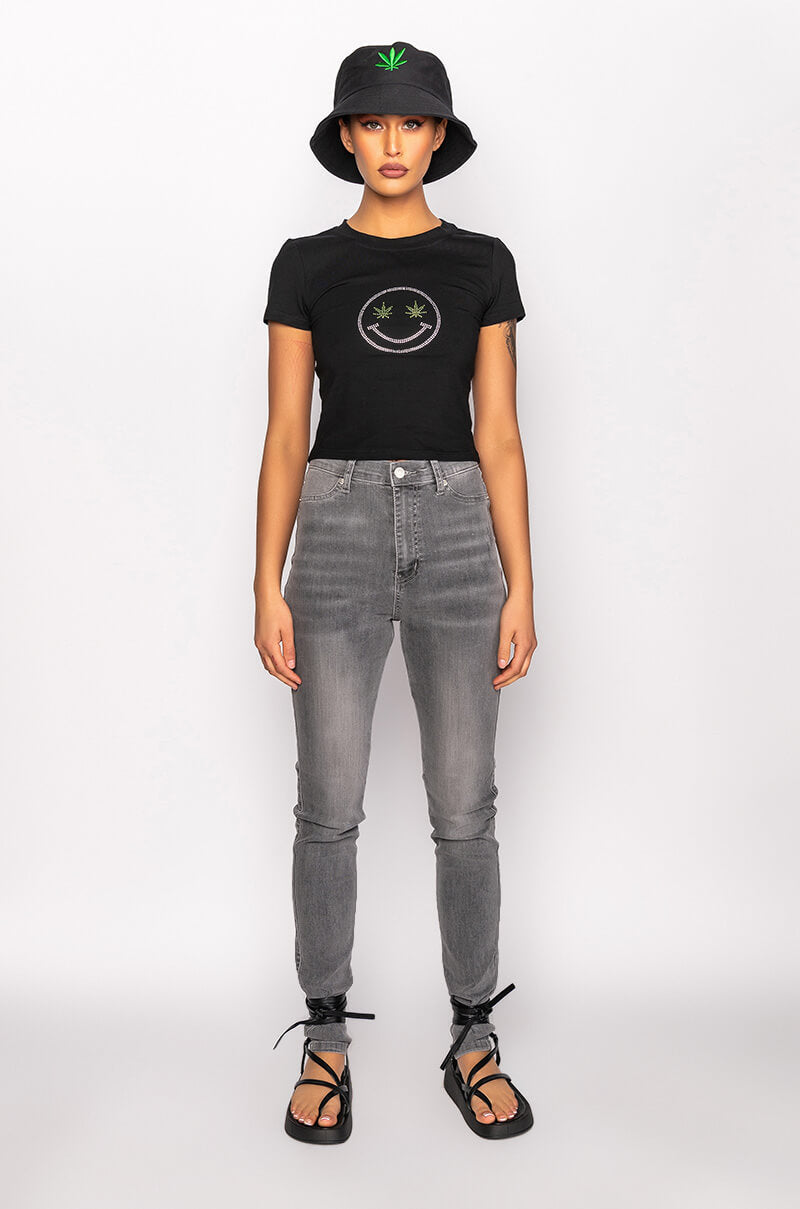 STAY WEIRD RHINESTONE CROPPED T SHIRT