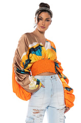 STELLA PRINT LONG SLEEVE SATIN BLOUSE