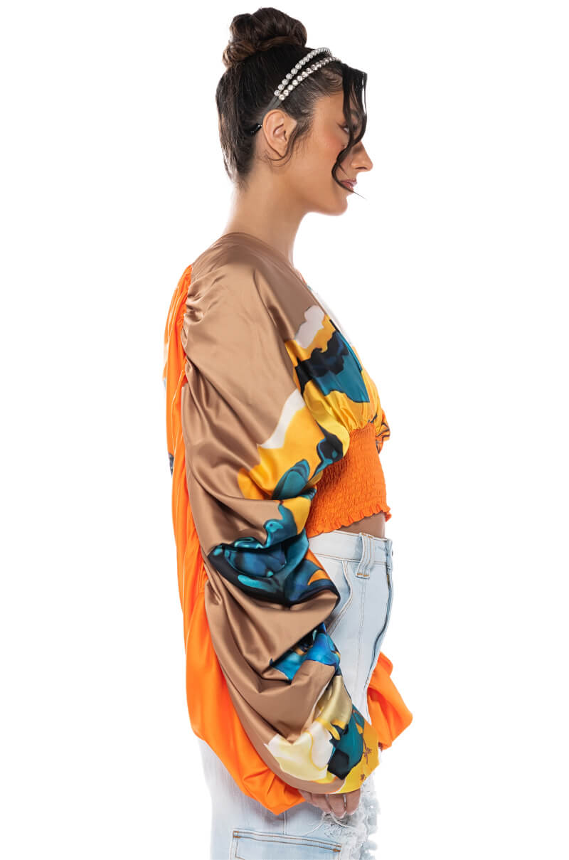 STELLA PRINT LONG SLEEVE SATIN BLOUSE