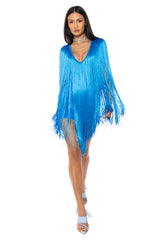 STEVIE DEEP V BANDAGE WITH FRINGE MINI DRESS