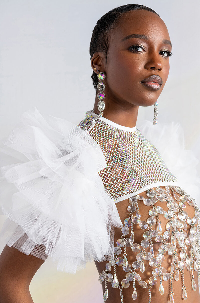 STEVIE RHINESTONE MESH TULLE SLEEVE BLOUSE