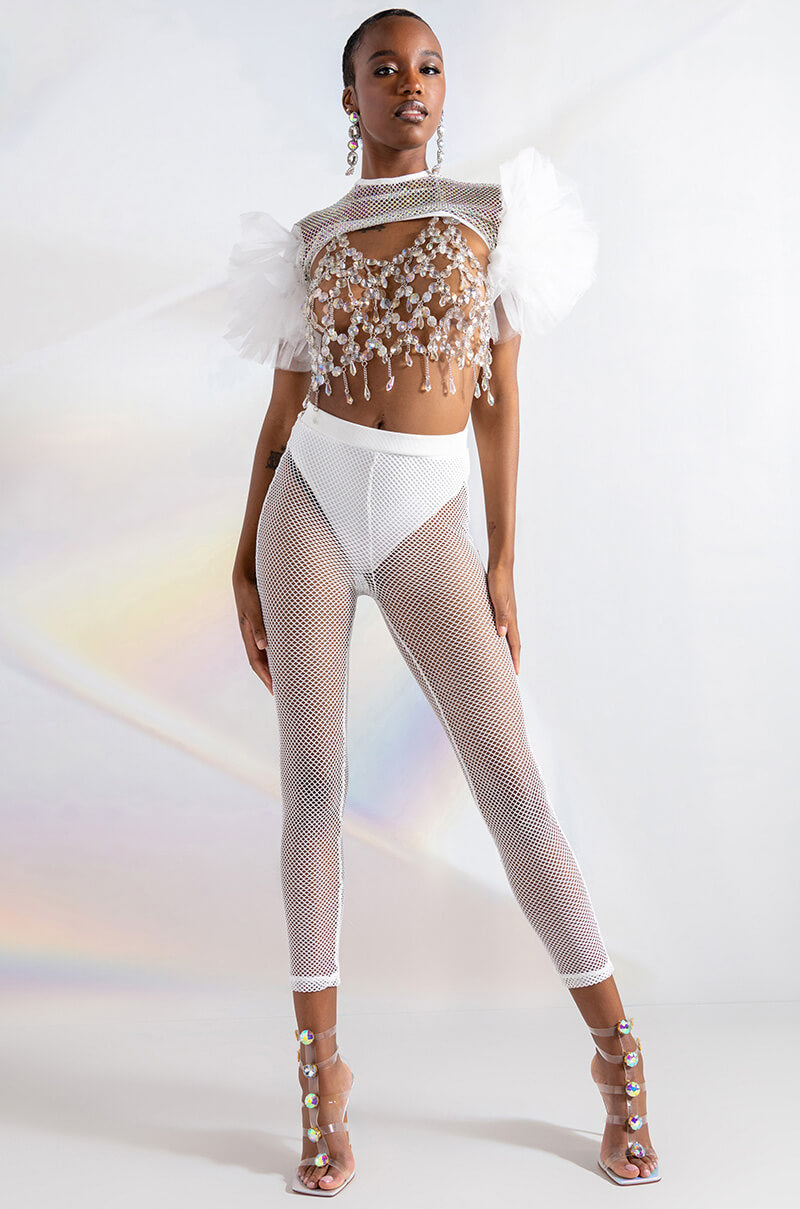 STEVIE RHINESTONE MESH TULLE SLEEVE BLOUSE