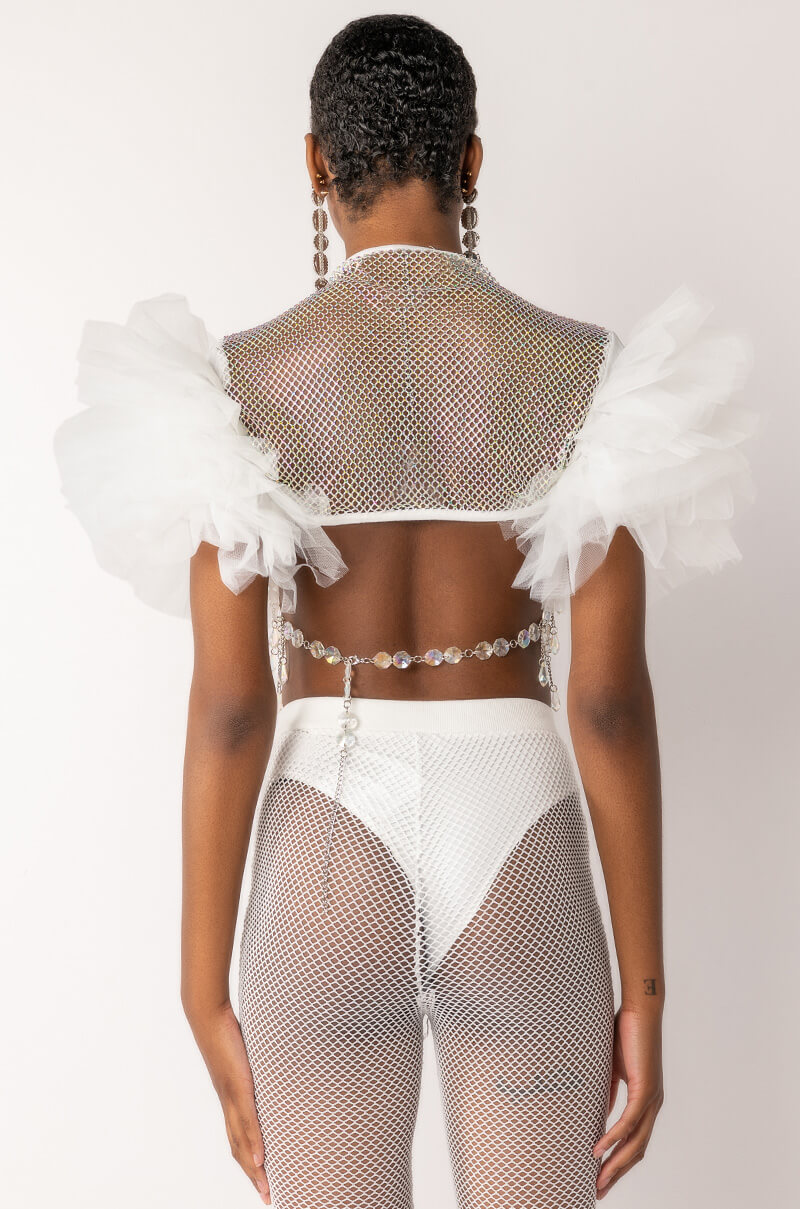 STEVIE RHINESTONE MESH TULLE SLEEVE BLOUSE