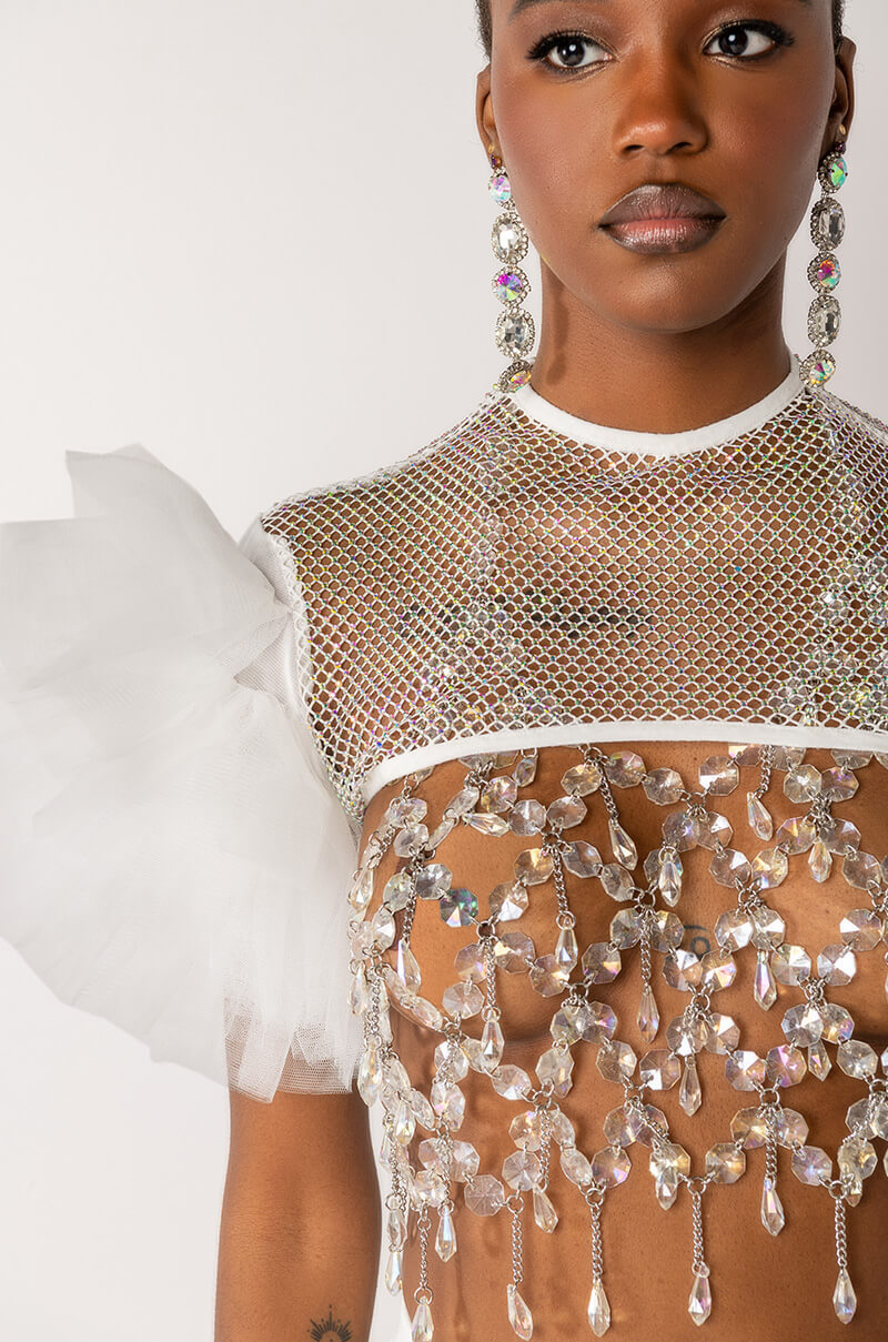 STEVIE RHINESTONE MESH TULLE SLEEVE BLOUSE