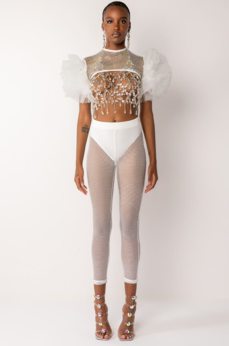 STEVIE RHINESTONE MESH TULLE SLEEVE BLOUSE