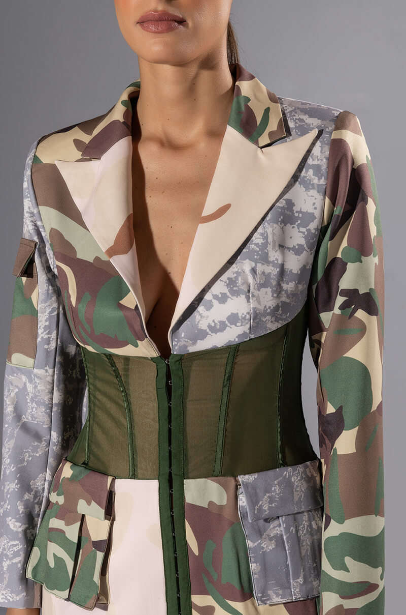 STRONG ONE PATCHWORK CAMO CORSET BLAZER