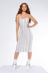 STUNNA MESH RHINESTONE TRIM MIDI DRESS