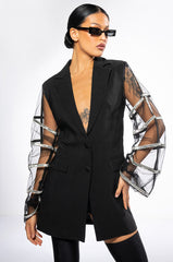 SUGAR AND SPICE MESH RHINESTONE ARM BLAZER