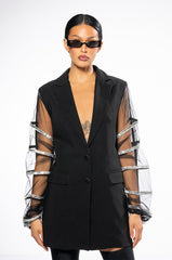 SUGAR AND SPICE MESH RHINESTONE ARM BLAZER