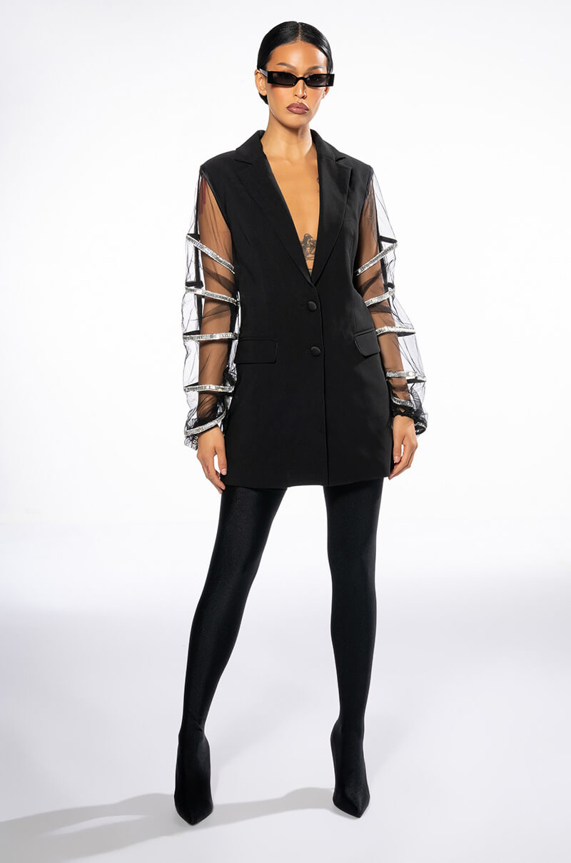 SUGAR AND SPICE MESH RHINESTONE ARM BLAZER