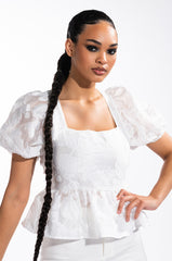 SUGAR SQUARE NECK SHORT SLEEVE PEPLUM BLOUSE