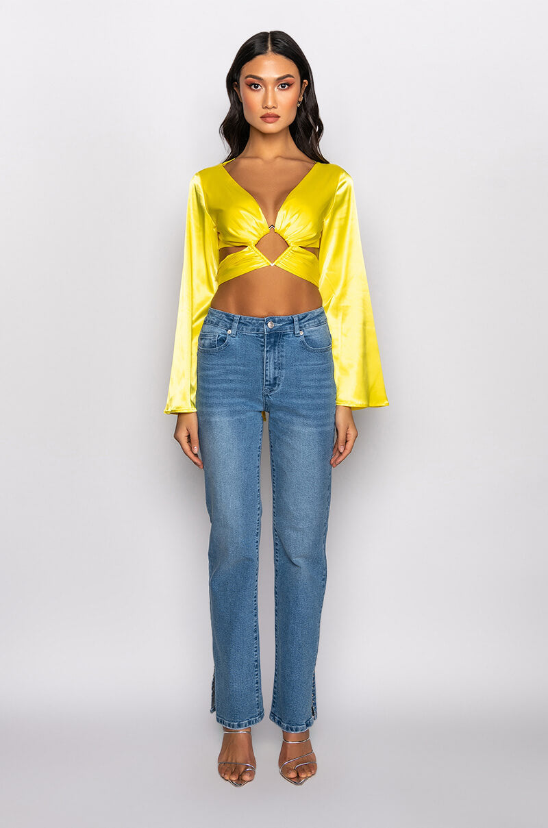 CHLOE CUTOUT LONG SLEEVE SATIN BLOUSE