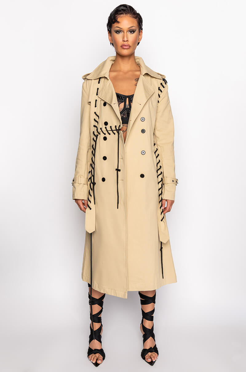 SUPER MODEL VIBES LACE UP TRENCH COAT