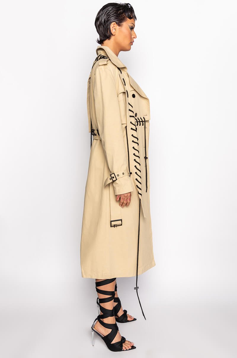 SUPER MODEL VIBES LACE UP TRENCH COAT