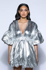 SUPERSTAR METALLIC V NECK MINI DRESS IN SILVER
