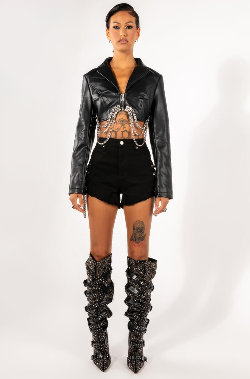 GWEN CROP PU JACKET WITH RHINESTONE TRIM