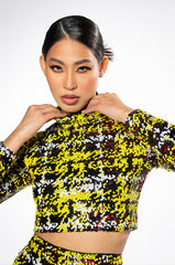 SWEET ESCAPE SEQUIN PLAID MOCK NECK CROP TOP