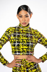 SWEET ESCAPE SEQUIN PLAID MOCK NECK CROP TOP