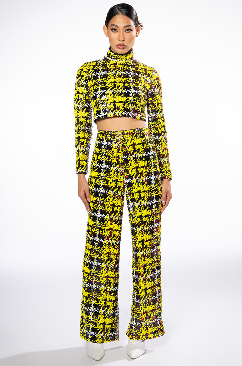 SWEET ESCAPE SEQUIN PLAID MOCK NECK CROP TOP