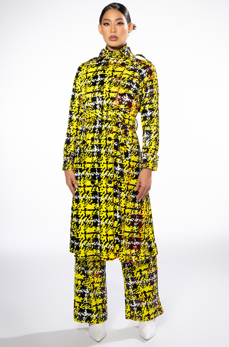 SWEET ESCAPE SEQUIN PLAID TRENCH COAT