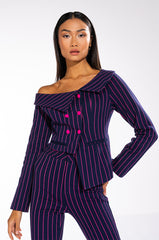 SWEET LIKE SUGAR PINSTRIPE OFF SHOULDER BLAZER