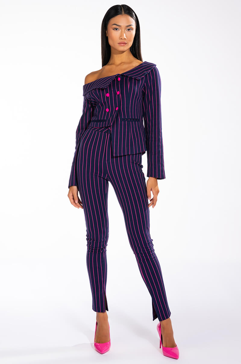 SWEET LIKE SUGAR PINSTRIPE OFF SHOULDER BLAZER