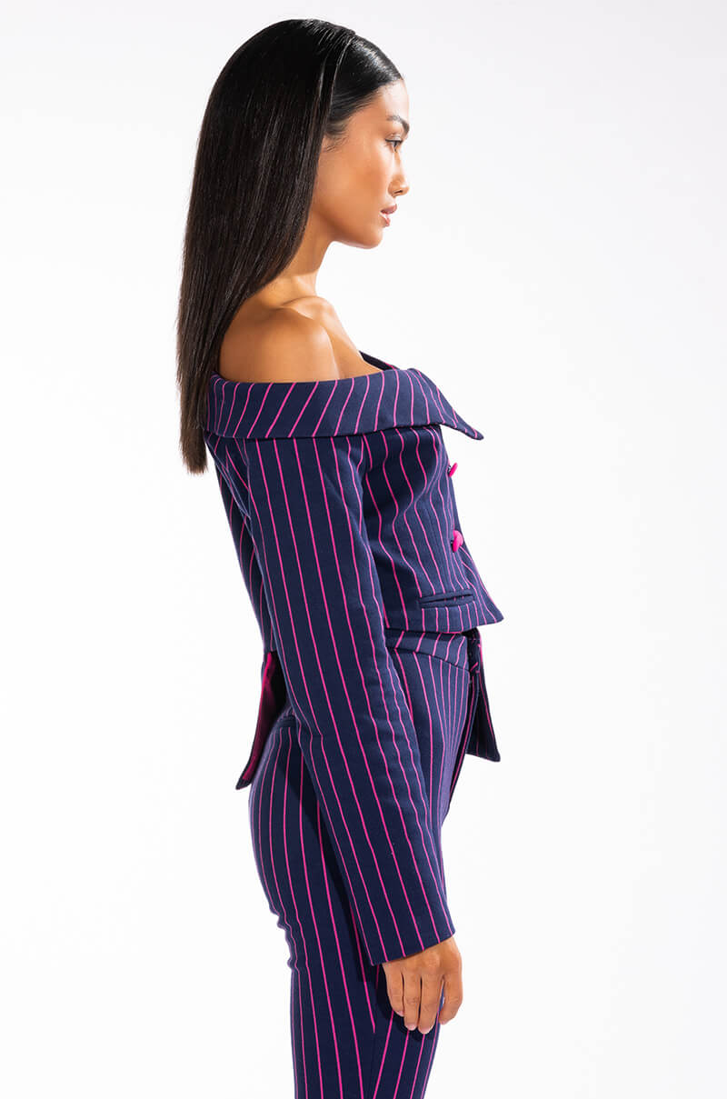 SWEET LIKE SUGAR PINSTRIPE OFF SHOULDER BLAZER